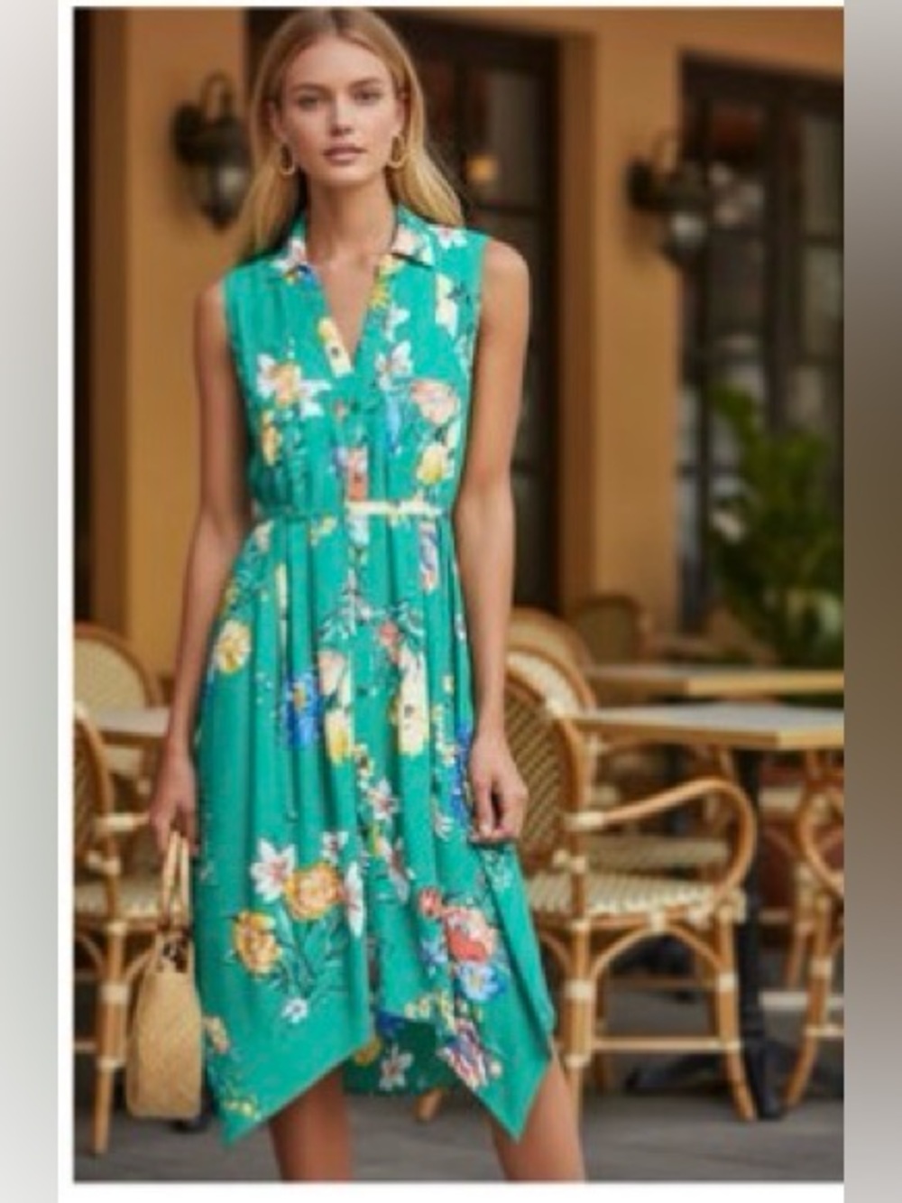 Maeve by Anthropologie Green Floral Sleeveless Button-Front Dress